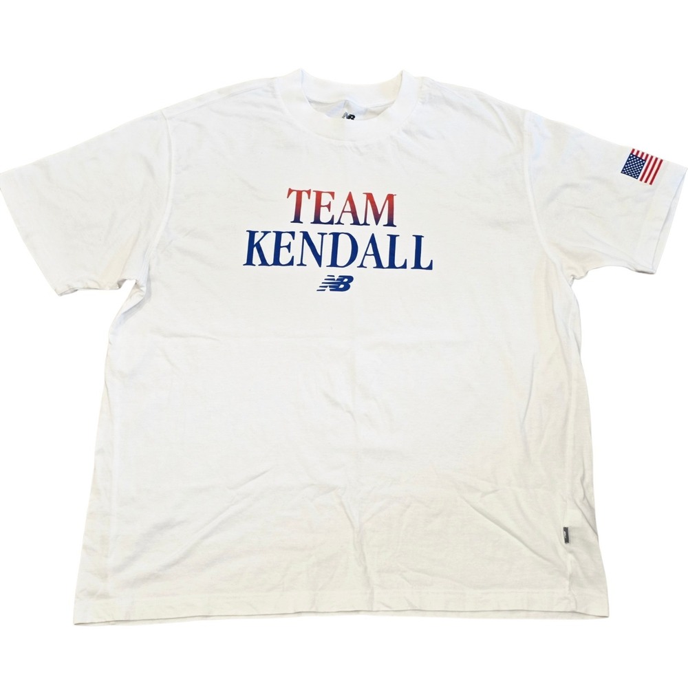 New Balance Team Kendall USA T Shirt Mens XL White American Flag Sleeve Graphic